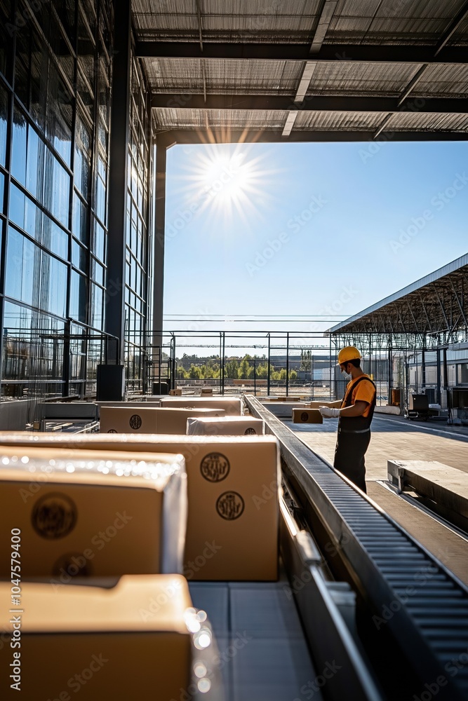 Poster a man in a yellow vest is standing in front of a row of boxes. the boxes are stacked and appear to b