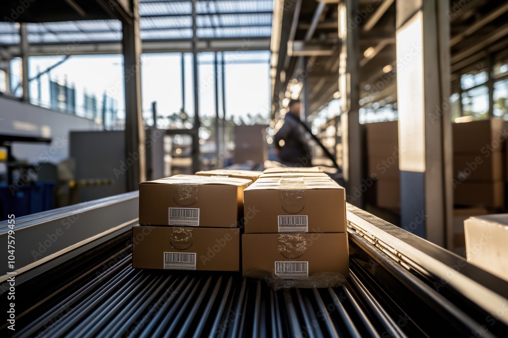 Aufkleber a conveyor belt with boxes on it. the boxes are stacked and have barcodes on them