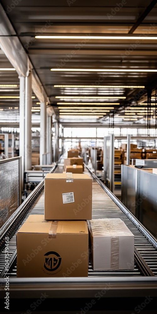 Aufkleber a conveyor belt with boxes on it. the boxes are stacked and are labeled with the letters m and b