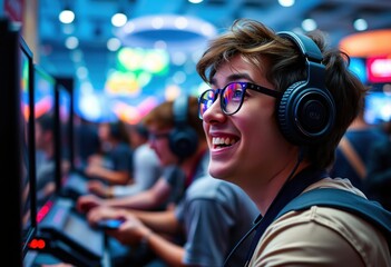 Fototapeta premium Joyful gamer in action at a digital event