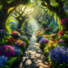 A serene and picturesque garden pathway adorned with vibrant flowers in hues of purple, blue, red, and yellow.