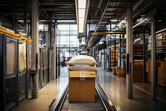 A box is on a conveyor belt in a warehouse. The box is labeled with the word "Namma"