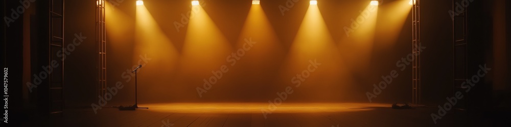 Poster a stage with a microphone and a spotlight on it. the stage is empty and the lights are on