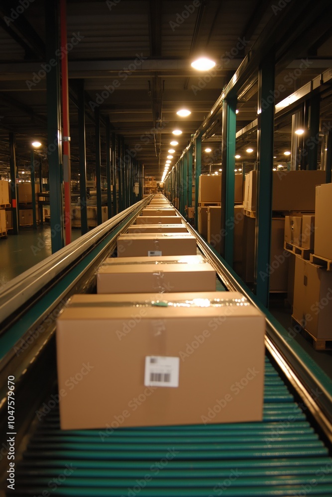 Poster a conveyor belt with boxes on it. the boxes are stacked and are being sorted