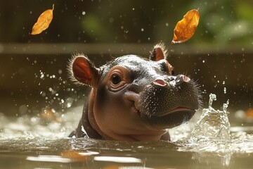 Fototapeta premium Playful Baby Hippo Splashing in Water