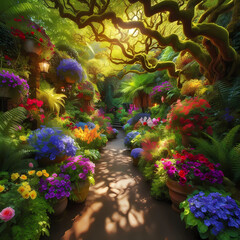 A serene and picturesque garden pathway adorned with vibrant flowers in hues of purple, blue, red, and yellow.