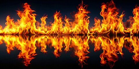 Obraz premium Fierce Inferno Intense Flames Reflected in Tranquil Waters - Vibrant Fire Elements Mirrored in Dark Blue Night, Symbolic Power and Passion
