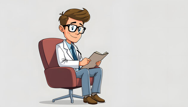 Cartoon psychologist sitting on an arm chair keeping notes isolated with white highlights, png