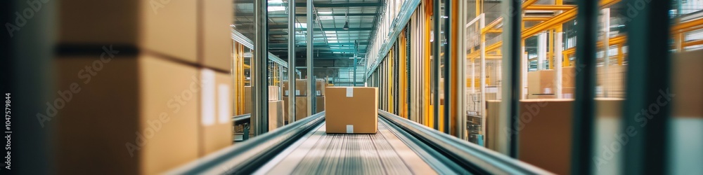 Poster a warehouse with a conveyor belt and boxes on it. the boxes are stacked in rows and the conveyor bel
