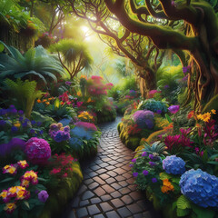 A serene and picturesque garden pathway adorned with vibrant flowers in hues of purple, blue, red, and yellow.