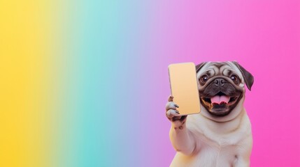 Pug happy viewing a mobile phone photo with colorfull gradient background