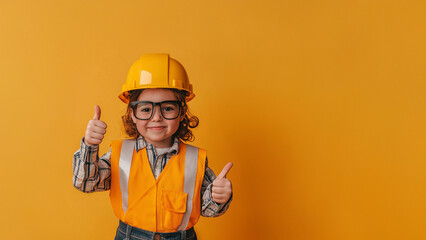 Begeistertes Kind im Bauarbeiter-Outfit mit Schutzhelm zeigt enthusiastisch Daumen hoch. Authentische Nachwuchswerbung für Bauberufe. Spielerische Berufsorientierung