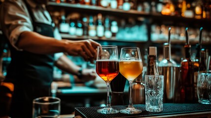 close up view of glasses of cocktails on bar counter