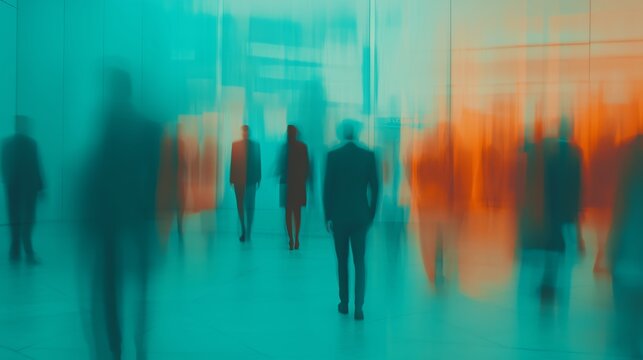 Blurred image of business people in the lobby of a modern office building