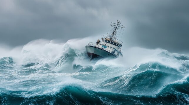 hurricane in the ocean. kargo ship in extreem weather 