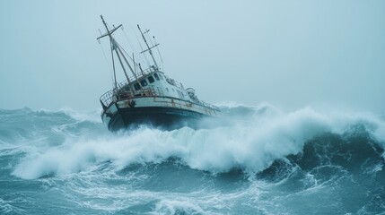 Naklejka premium hurricane in the ocean. kargo ship in extreem weather 