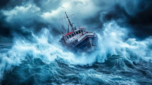 hurricane in the ocean. kargo ship in extreem weather 