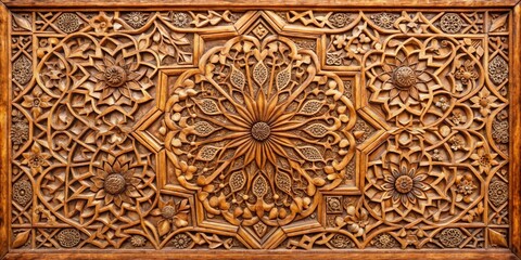 Obraz premium Intricate Wooden Carving with Floral Motifs and Geometric Patterns, Islamic Art, Woodwork