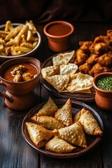 A table with a variety of food, including fried chicken, tortilla chips