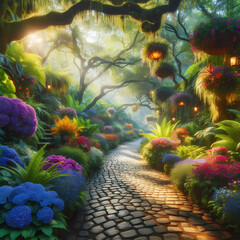 A serene and picturesque garden pathway adorned with vibrant flowers in hues of purple, blue, red, and yellow.