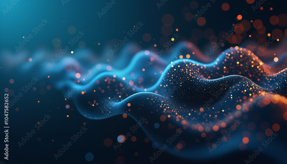 Poster abstract blue and orange background with wavy lines and dots, ideal for dynamic digital flow and con