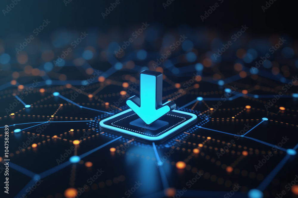 Poster a blue arrow pointing downwards is set against a black background with interconnected lines and dots