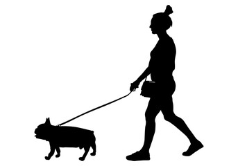 Dog on leash, woman walking pet, silhouette. Vector illustration