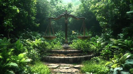 Scales of Justice Surrounded by Lush Greenery Symbolizing Balance and Fairness in Nature for Legal and Environmental Themes