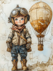 Adventurous Boy with Vintage Goggles and Hot Air Balloon, Whimsical Art, Poster
