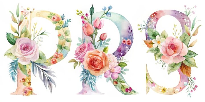 Romantic Floral Letters 'PRS' Watercolor Composition on White Background - Delicate Nature-Inspired Artwork for Greeting Cards, Invitations, and Branding