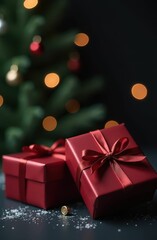 Obraz premium Noel or Christmas dark background with gift boxes 