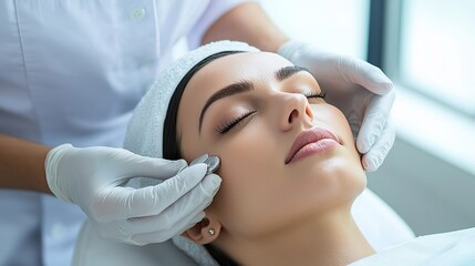 A woman receiving a facial treatment, with a professional applying a soothing technique to her face in a serene environment.