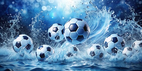 Soccer Balls Splashing in Water, Blue Background, Sport, Soccer