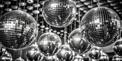 Sparkling Disco Ball Elegance Close-Up Cluster of Reflective Glamour for Festive Celebrations and Events, Capturing Luminous Details in Monochrome Splendor