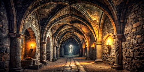 Stone Arches Illuminated by Candlelight in a Medieval Hallway, architecture, history
