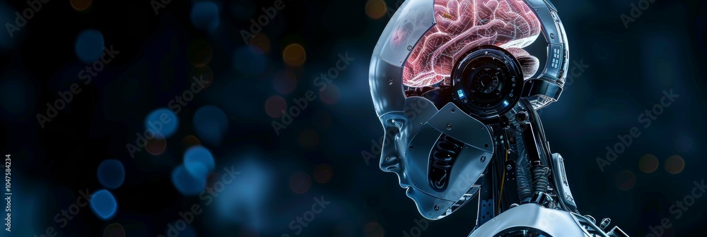 Poster ai robot side angle with a dark background, space available for text or graphic elements