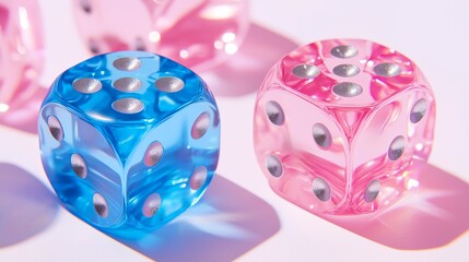 Transparent blue and pink dice under bright studio lighting