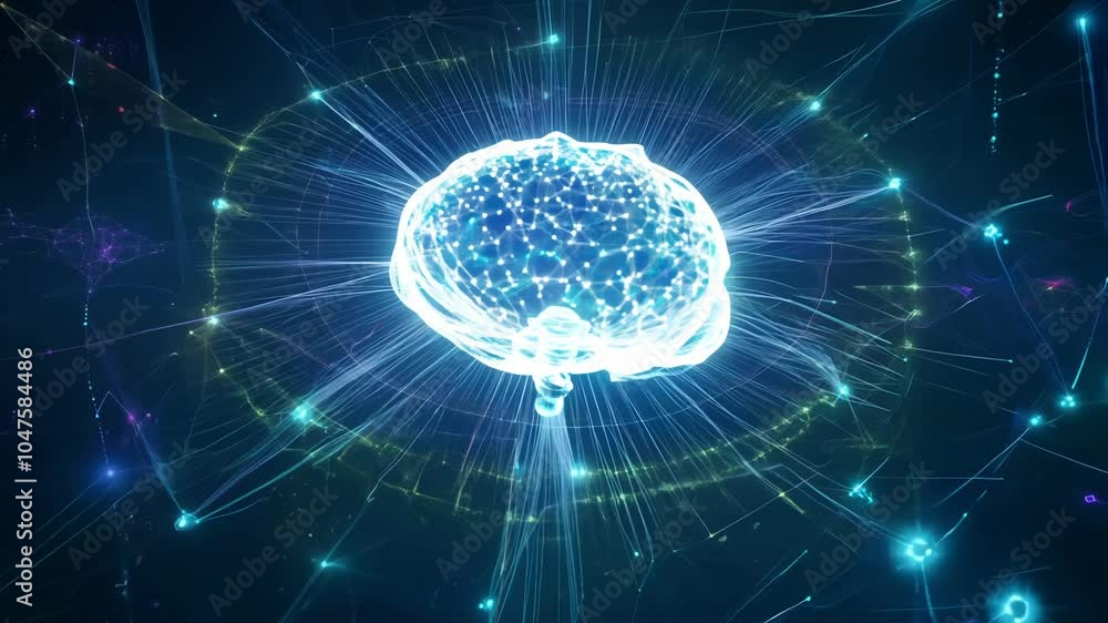Poster Digital holographic AI brain science concept. Artificial intelligence brain network
