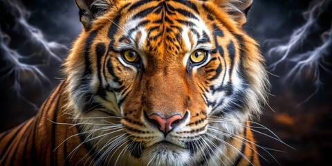 Obraz premium Tiger Close-up with Striking Yellow Eyes and Dark Background, wildlife, big cat