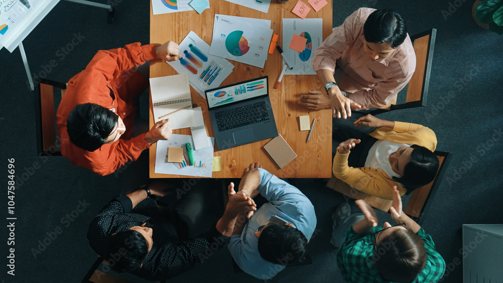 Poster top down view of business people analyzing data and sharing idea about financial chart. top down aer