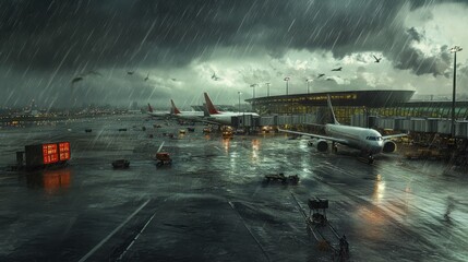 hurricane and rainy weather in airport