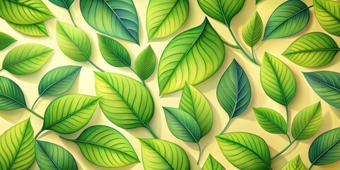 Vibrant Green Leaves on a Light Yellow Background, Nature , Background