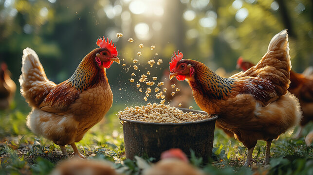 Chickens Eating Grain from a Bucket on a Sunny Summer Day