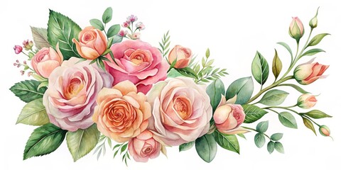 Watercolor Illustration of a Bouquet of Pink and Peach Roses with Greenery, Floral Arrangement, Flower Bouquet, Rose Illustration, Botanical Art, Spring Flowers, Watercolor Painting