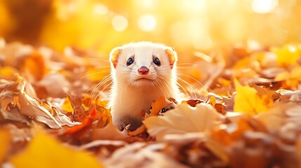 Lively Ferret Playing in Autumn Leaves