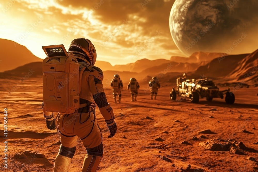 Poster a group of astronauts in space suits traverses the rugged martian terrain with rovers, set against a
