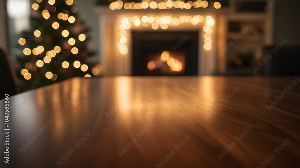 Poster a wooden table is in the foreground, with a fireplace and a christmas tree blurred in the background