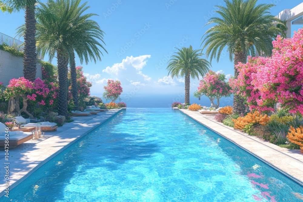Poster infinity pool with palm trees and ocean view