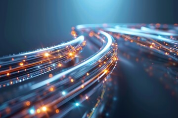 Long, curving line of bright lights that are orange and blue