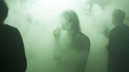 Uncertain Person Vaping in Crowded Room with Concerned Friends - Ultra-Detailed Shot of Health Risks